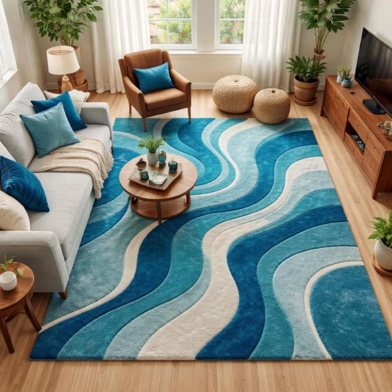 Hand Tufted Rug, Blue Teal Ivory Rug, 9x12 Area Rug, Large Living Room Rug, Custom Carpet Area