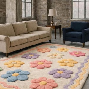 Floral area rug kawaii home decor, colorful soft wool rug, custom hand tufted rug