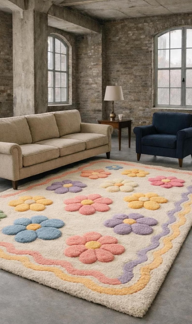 Floral area rug kawaii home decor, colorful soft wool rug, custom hand tufted rug