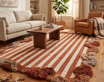 Hand-Tufted Scalloped Brown and Cream Striped Wool Area Rug - Mid-Century High Pile Carpet Modern Floor Decor