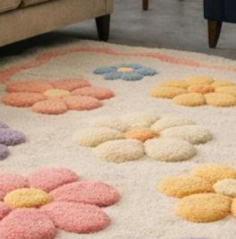 Floral area rug kawaii home decor, colorful soft wool rug, custom hand tufted rug