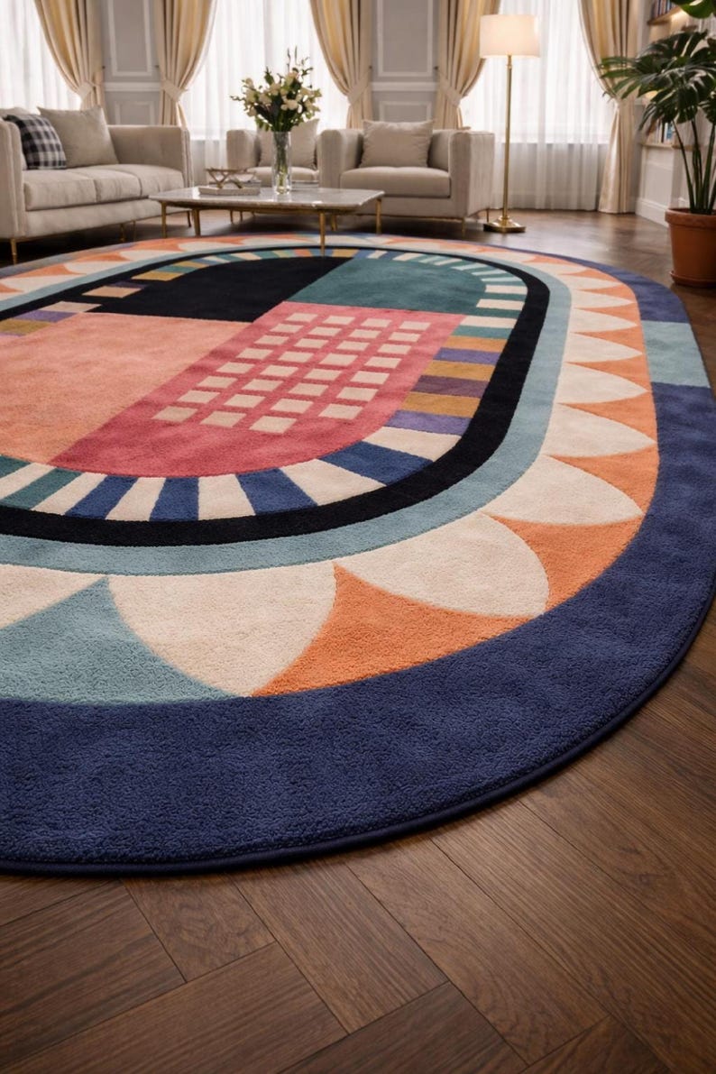 Hand tufted wool rug oval colorful abstract bedroom rug soft wool rug luxury rug