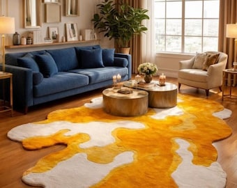 Hand Tufted Wool Rug - Modern Abstract Yellow and White Irregular Shape Carpet - Contemporary Large Area Rugs for Living Room, Bedroom 8x10