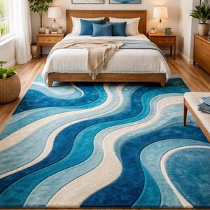 Hand Tufted Rug, Blue Teal Ivory Rug, 9x12 Area Rug, Large Living Room Rug, Custom Carpet Area
