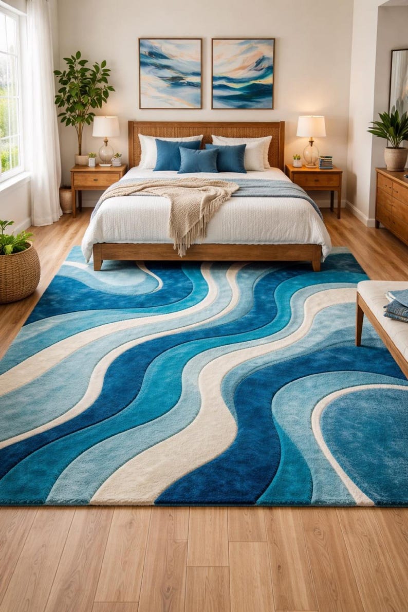 Hand Tufted Rug, Blue Teal Ivory Rug, 9x12 Area Rug, Large Living Room Rug, Custom Carpet Area