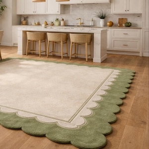 Oversized Sage Green Scalloped Rug, Hand Tufted Wool Area Rug, Large Cream & Green Border Rug, Luxury Living Room Rug, Modern Minimalist rug