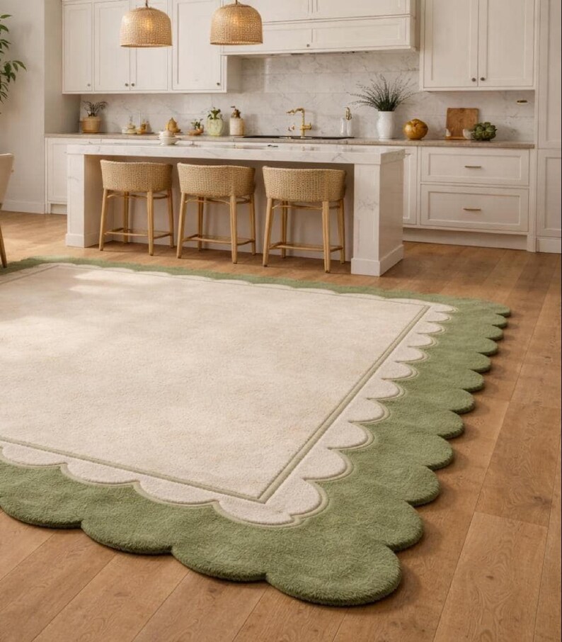 Oversized Sage Green Scalloped Rug, Hand Tufted Wool Area Rug, Large Cream & Green Border Rug, Luxury Living Room Rug, Modern Minimalist rug