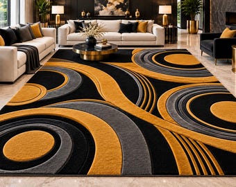 Black Gold Abstract Wool Rug, Hand Tufted Rug, Modern Geometric Area Rug, large Living Room Rug, Handmade Custom Size Rug