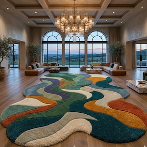 Colorful rug, Hand-Tufted Rug- Abstract Wavy Design in Forest Green, Teal, Terracotta, Luxurious Large Area Rug for Living Room & Bedroom