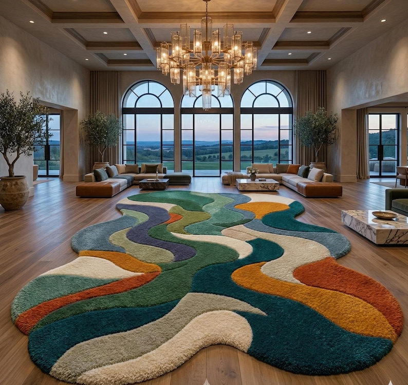 Colorful rug, Hand-Tufted Rug- Abstract Wavy Design in Forest Green, Teal, Terracotta, Luxurious Large Area Rug for Living Room & Bedroom