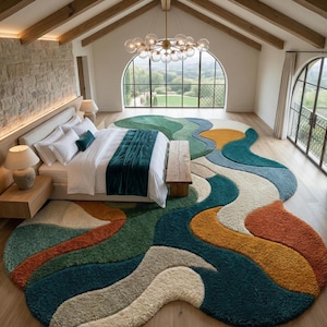 Colorful rug, Hand-Tufted Rug- Abstract Wavy Design in Forest Green, Teal, Terracotta, Luxurious Large Area Rug for Living Room & Bedroom