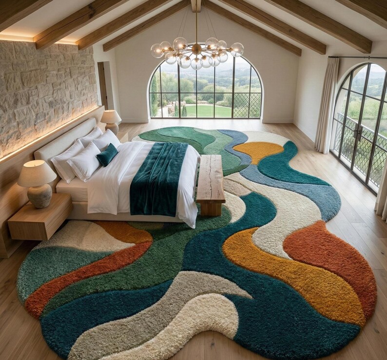 Colorful rug, Hand-Tufted Rug- Abstract Wavy Design in Forest Green, Teal, Terracotta, Luxurious Large Area Rug for Living Room & Bedroom