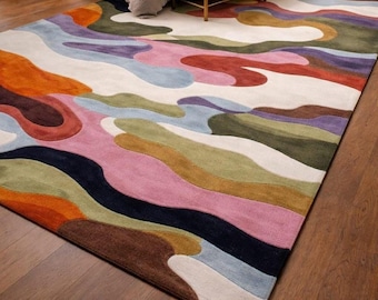 Modern Abstract Wavy Rug, Hand Tufted Wool Area Rug, Colorful Contemporary Designer Carpet, Large Area Living Room Bedroom Rug 6x9 8x10 9x12