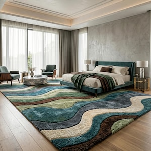 Large Area Rug — Retro Boho Shag Tufted Rug, Mid-Century Modern Living Room Carpet, Green, Brown & Cream Abstract Accent