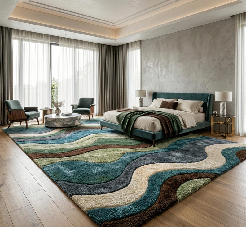 Large Area Rug — Retro Boho Shag Tufted Rug, Mid-Century Modern Living Room Carpet, Green, Brown & Cream Abstract Accent