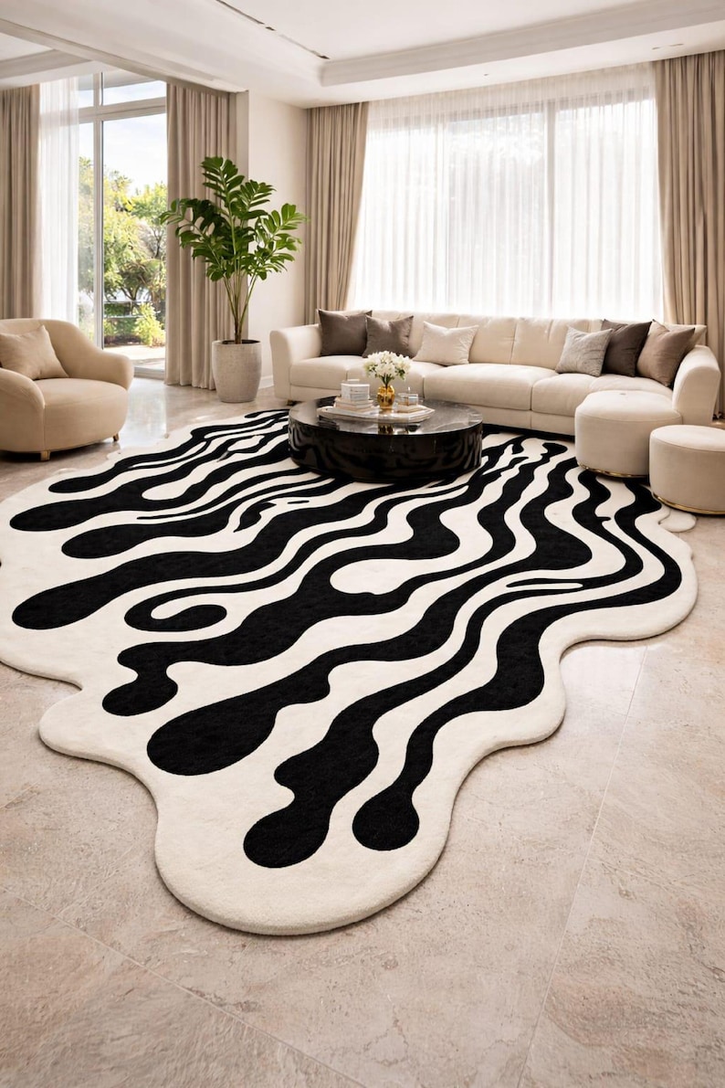 Hand Tufted Wool Rug, Irregular shaped rug, Modern Abstract Wavy Rug Contemporary Statement Rug for Living Room & Bedroom 5x8 6x9 8x10 9x12