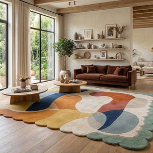 Scalloped Wool Rug, Mid Century Modern Abstract Carpet, Artisan Hand Tufted Area Rug