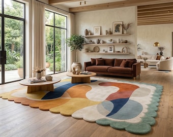 Scalloped Wool Rug, Mid Century Modern Abstract Carpet, Artisan Hand Tufted Area Rug