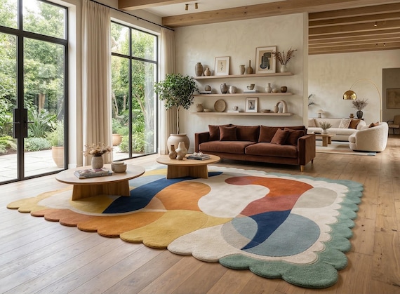 Scalloped hand tufted rug, Mid Century Modern Carpet Artisan Crafted Abstract Area Rug, Modern Living Room, Bedroom 8x10 Area rugs