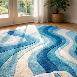 Hand Tufted Rug, Blue Teal Ivory Rug, 9x12 Area Rug, Large Living Room Rug, Custom Carpet Area