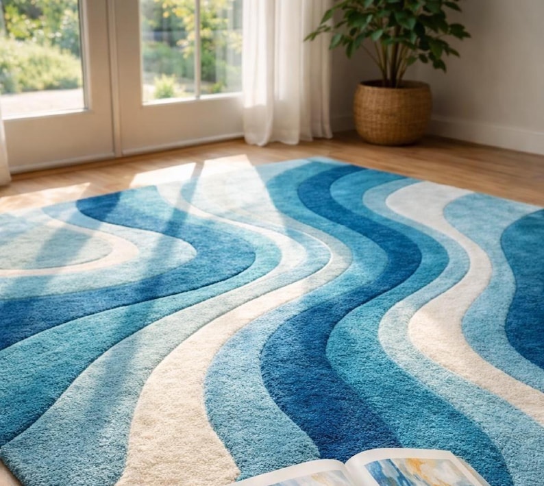 Hand Tufted Rug, Blue Teal Ivory Rug, 9x12 Area Rug, Large Living Room Rug, Custom Carpet Area