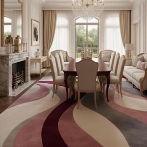 Modern Abstract Rug: Hand Tufted Wool, Large Contemporary Grey and Blush Pink Designer Rug
