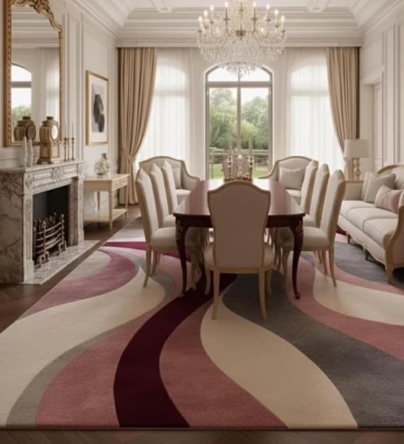 Modern Abstract Rug: Hand Tufted Wool, Large Contemporary Grey and Blush Pink Designer Rug