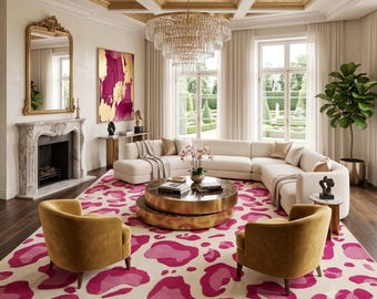 Pink Leopard Print Hand Tufted Wool Rug, Luxury Animal Print Area Rug, Modern Abstract Carpet, Custom Handmade Rug, Living Room Decor