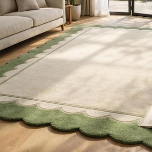 Oversized Sage Green Scalloped Rug, Hand Tufted Wool Area Rug, Large Cream & Green Border Rug, Luxury Living Room Rug, Modern Minimalist rug