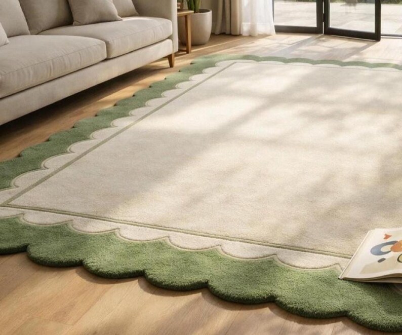 Oversized Sage Green Scalloped Rug, Hand Tufted Wool Area Rug, Large Cream & Green Border Rug, Luxury Living Room Rug, Modern Minimalist rug