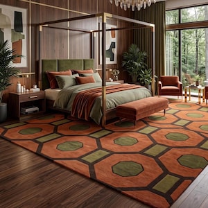Mid Century Modern Geometric Hand Tufted Wool Rug, Retro 70s Hexagon Area Rug, Orange Green Living Room Carpet, 8x10 9x12, handmade Rug