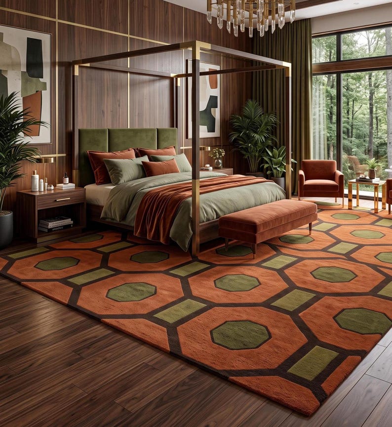 Mid Century Modern Geometric Hand Tufted Wool Rug, Retro 70s Hexagon Area Rug, Orange Green Living Room Carpet, 8x10 9x12, handmade Rug