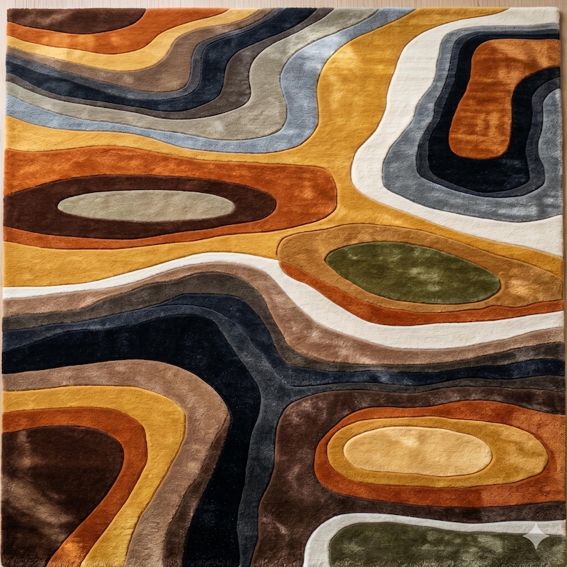 Handmade earth tone abstract wavy wool rug in a luxury living room