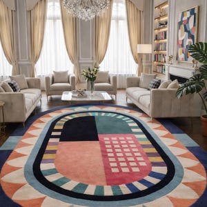 Hand tufted wool rug oval colorful abstract bedroom rug soft wool rug luxury rug