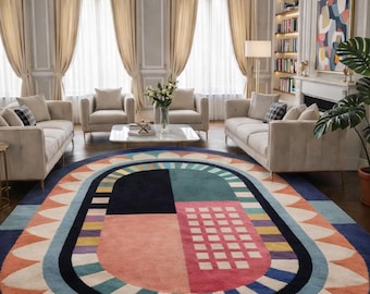 Hand tufted Wool Rug, Ovel Shape Colorful abstract Carpet, Rugs for Living room, Bedroom luxury soft Wool Rug