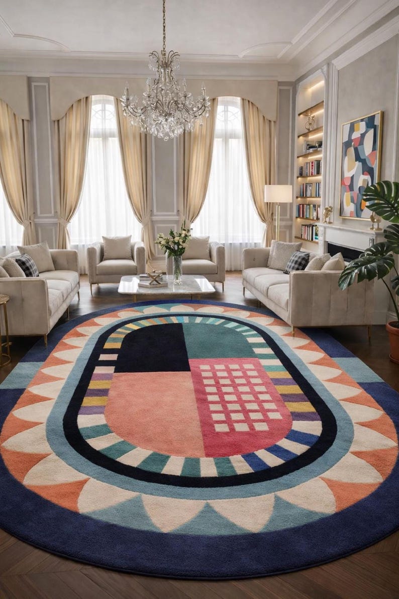 Hand tufted wool rug oval colorful abstract bedroom rug soft wool rug luxury rug