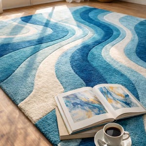 Hand Tufted Rug, Blue Teal Ivory Rug, 9x12 Area Rug, Large Living Room Rug, Custom Carpet Area