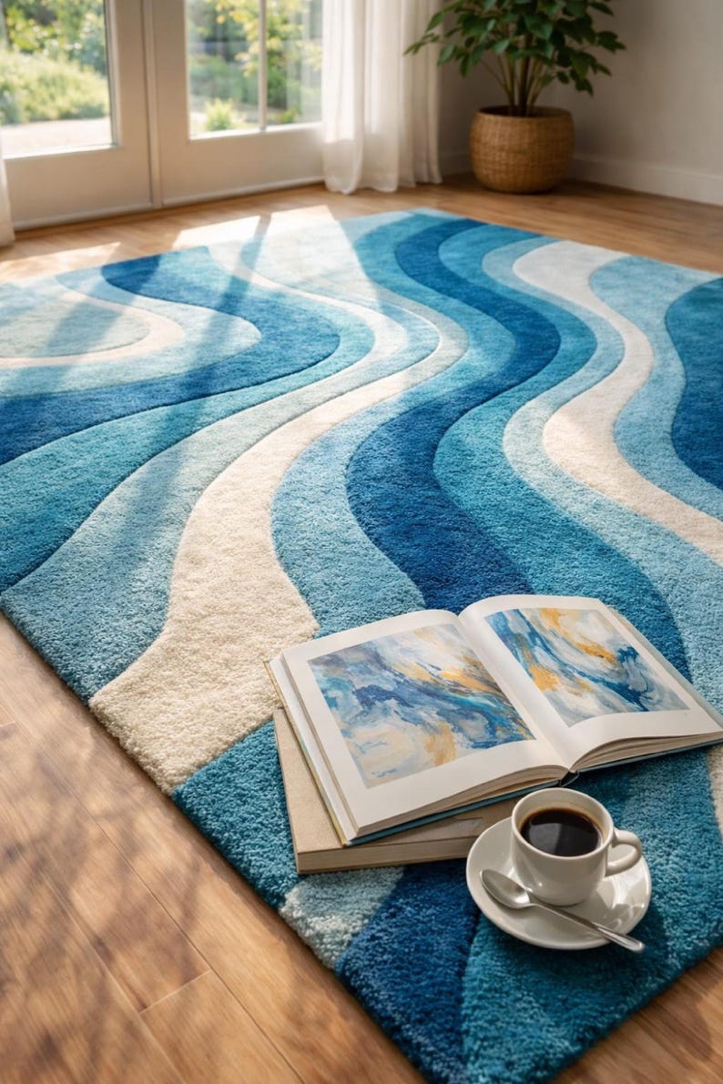 Hand Tufted Rug, Blue Teal Ivory Rug, 9x12 Area Rug, Large Living Room Rug, Custom Carpet Area