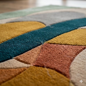 May include: A tufted area rug featuring a geometric pattern with distinct shapes in mustard yellow, deep teal, terracotta orange, sage green, and cream. The rug has a thick, textured pile surface with clearly defined edges between the colored sections.