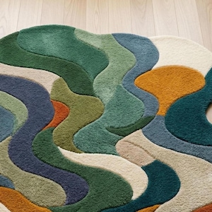 Colorful rug, Hand-Tufted Rug- Abstract Wavy Design in Forest Green, Teal, Terracotta, Luxurious Large Area Rug for Living Room & Bedroom