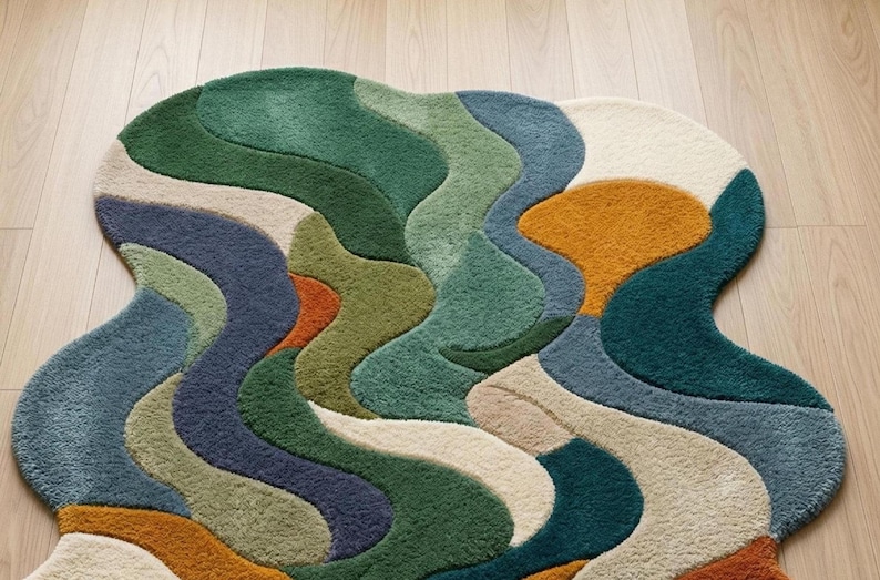 Colorful rug, Hand-Tufted Rug- Abstract Wavy Design in Forest Green, Teal, Terracotta, Luxurious Large Area Rug for Living Room & Bedroom