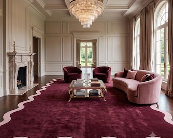 Hand Tufted Rugs 9x12, Burgundy Wool Rug with Pink Wavy Border, Modern Area Rug, Large Area Rug, Soft Texture Rug, Plush Designer Rug