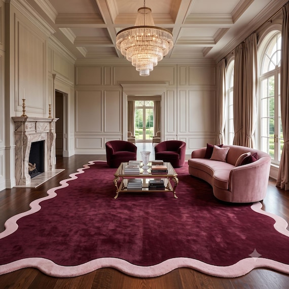 Hand Tufted Rugs 9x12, Burgundy Wool Rug with Pink Wavy Border, Modern Area Rug, Large Area Rug, Soft Texture Rug, Plush Designer Rug