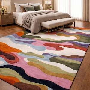Modern Abstract Wavy Rug, Hand Tufted Wool Area Rug, Colorful ...