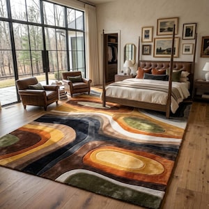 Handmade earth tone abstract wavy wool rug in a luxury living room