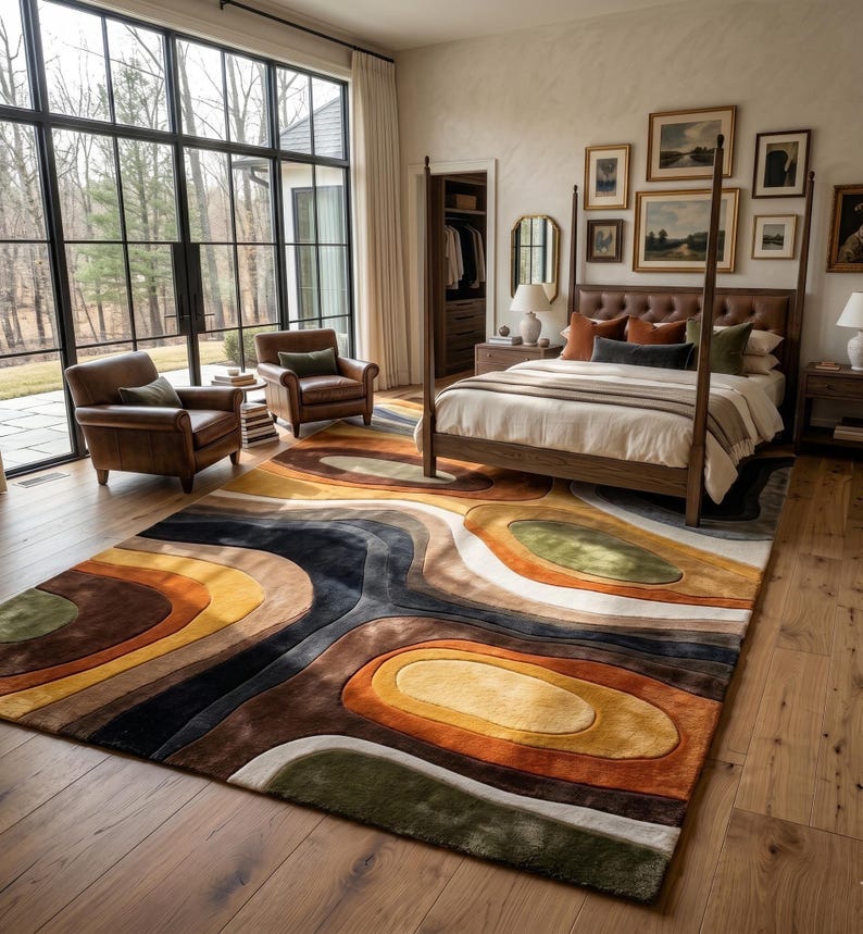 Handmade earth tone abstract wavy wool rug in a luxury living room