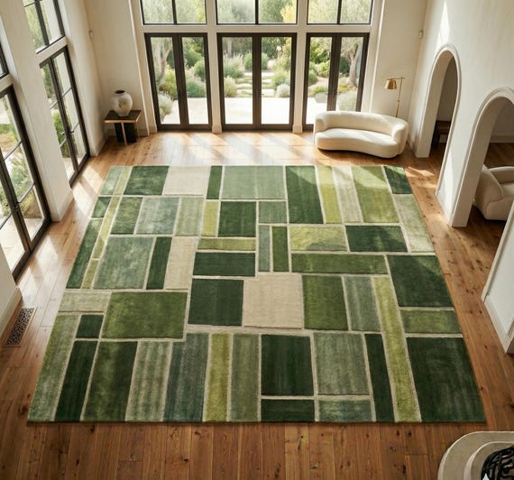 Hand Tufted Rug, Modern Rug Design In Terracotta, Sage Green And Beige Area Rug, High Low Texture Rug, Soft Floor Rug, Luxury Home Decor