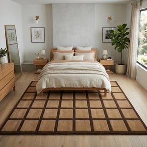 May include: A bedroom scene featuring a wooden bed frame with neutral-toned bedding, including pillows and a blanket. A large, brown, geometric rug sits on the wooden floor. The room includes a dresser, mirror, and a potted plant, creating a cozy atmosphere.
