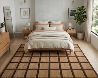 Hand-Tufted 3D Checkerboard Area Rug, Camel & Dark Brown Geometric Wool Rug, Mid Century rug for Living Room, Bedro Rug