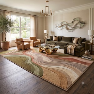 Modern Abstract Hand-Tufted Area Rug in Sage Green, Terracotta & Beige – High-Low Texture Soft Carpet for Living Room